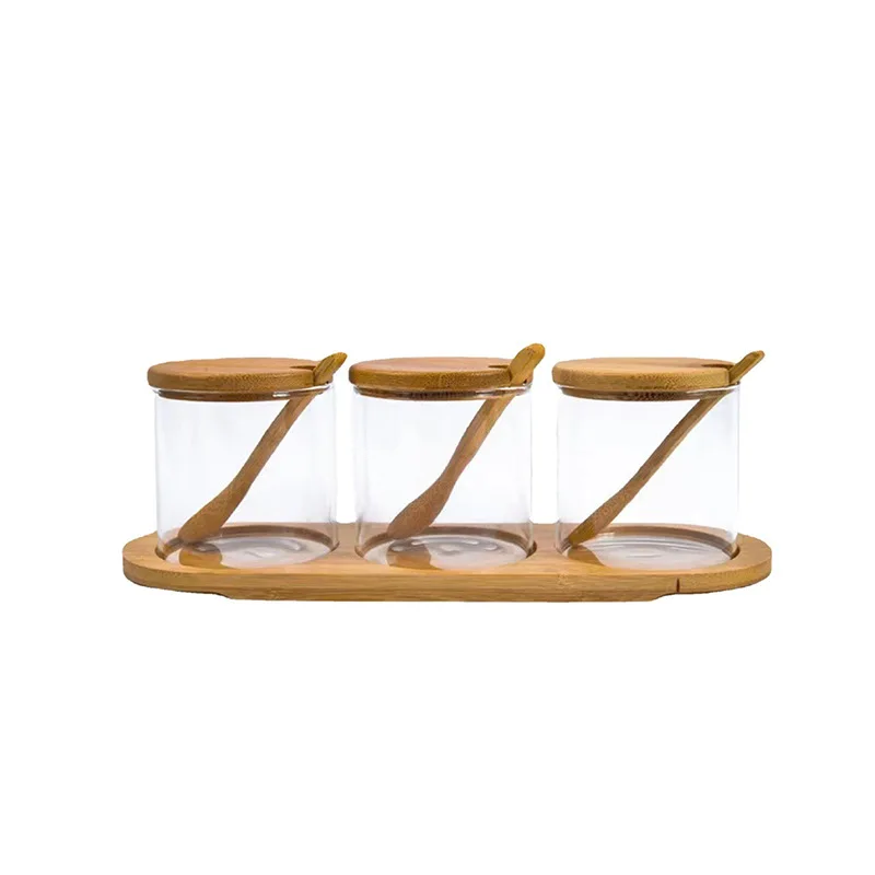 

Wooden lid spoon seasoning jar moisture-proof salt sugar spice glass jar kitchen storage transparent seasoning jar set