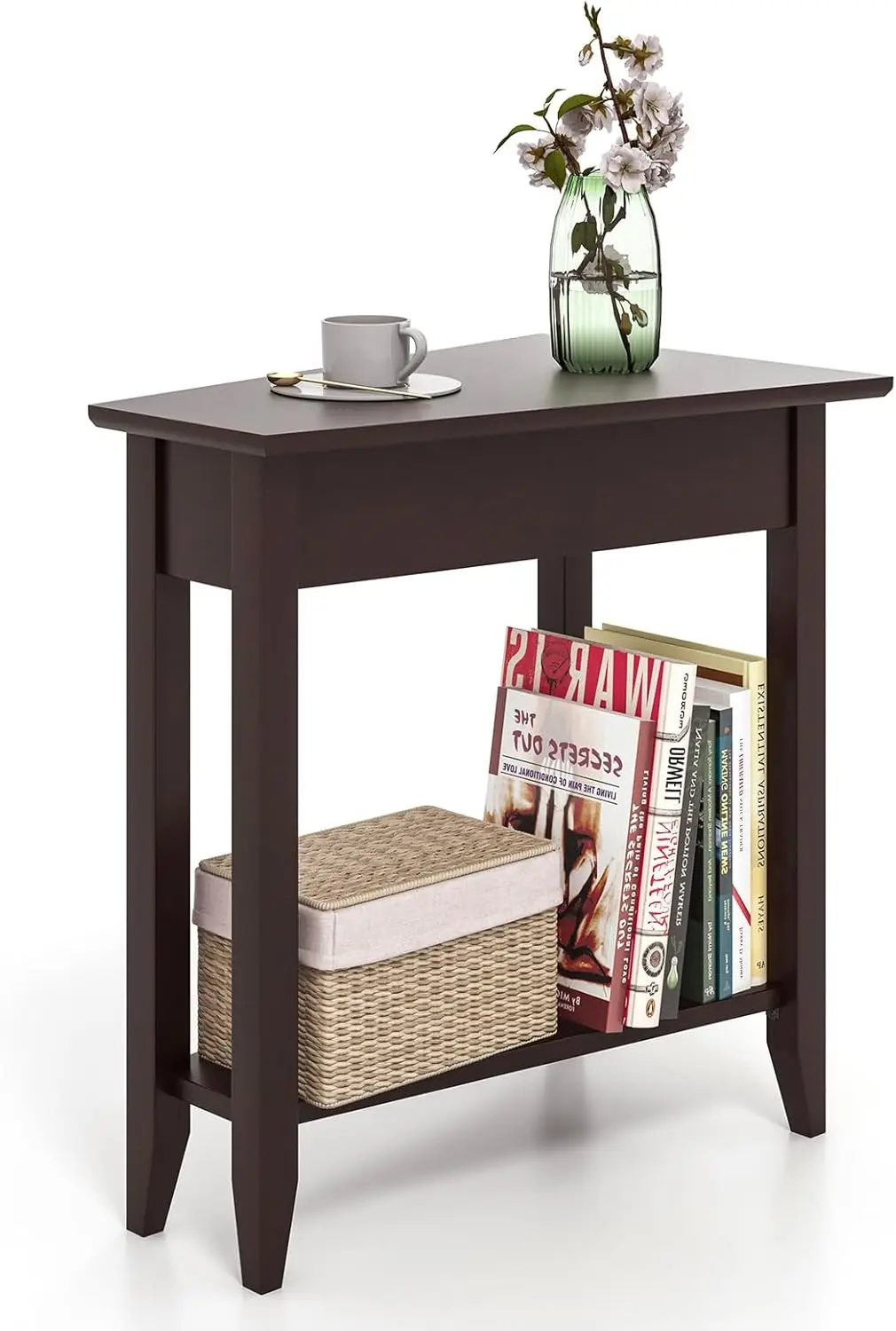 

2-Tier Wedge End Table, Narrow Triangle Side Table with Storage Shelf, Solid Wood Legs, Nightstand, Recliner Wedge Table for