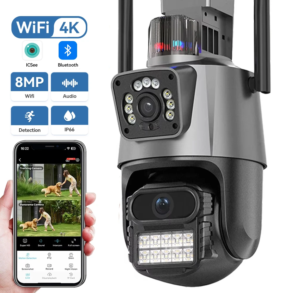 4K 8MP WLAN PTZ Überwachungskamera mit zwei Objektiven und zwei Bildschirmen, Outdoor, IP66 wasserdicht, 4MP KI-Personenerkennung, Sicherheitsvideo, ICSEE App