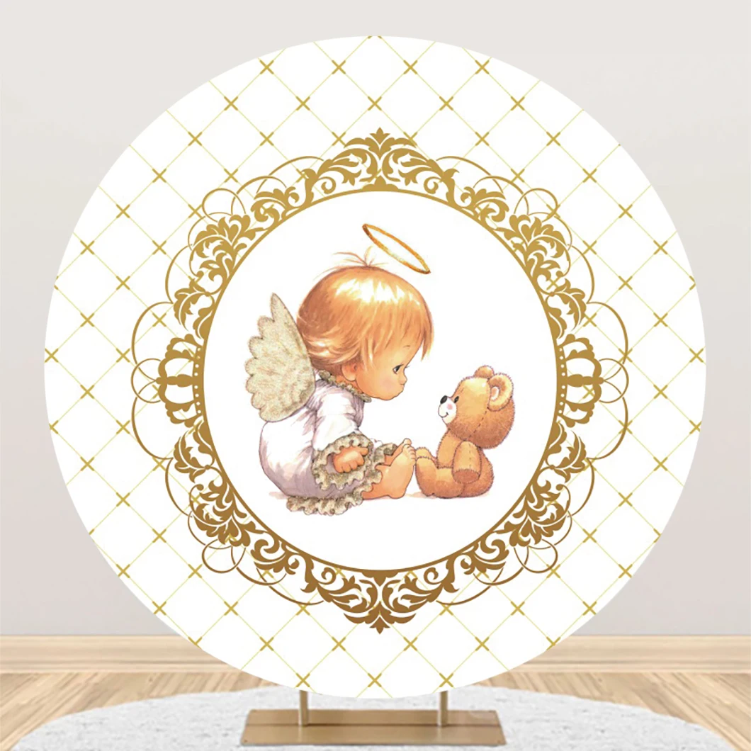 First Communion Round Backdrop Cover God Bless Boy Baptism Baby Shower Birthday Party Baby Portrait Photography Background Decor