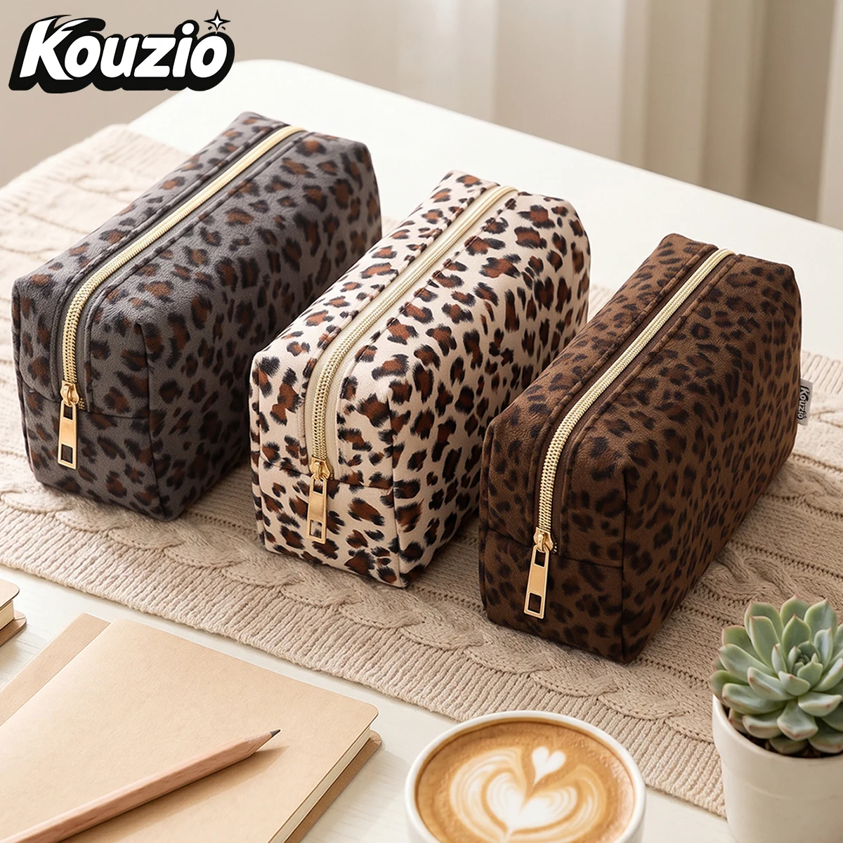 Leopard Corduroy Pencil Case Large Capacity Zipper Pen Bag Vintage Aesthetic Stationery Storage Organizer Back toSchool Supplies