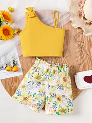 1-8 Years Kids Girl 2PCS Clothing Set Suspenders Bow Top+Flower Shorts Children Girls Summer Fashion Sense Design Party Outfit