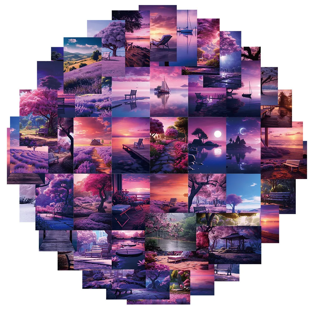 50-teilige Serene Purple Landscape Graffiti-Aufkleber – wasserfeste DIY-Dekoration für Tagebücher, Gitarren, Skateboards, AnimeWorlds Store