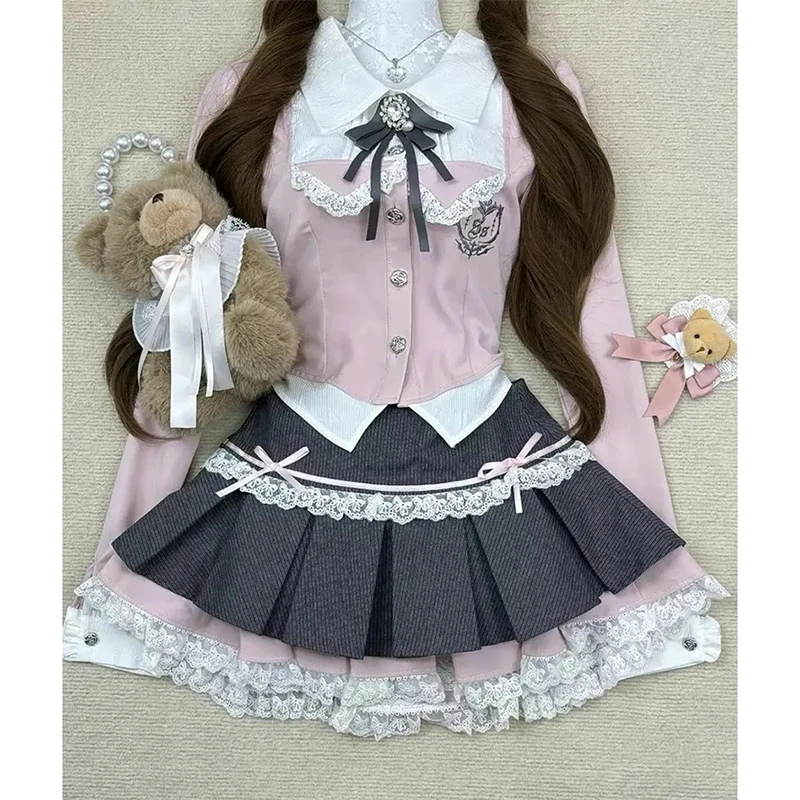 

Pretty Style Shirt Skirt 2 Piece Set Japan Lolita Sweet Long Sleeve Patchwork Blouse Grey Jk Lace Kawaii Cute Pleated Mini Skirt