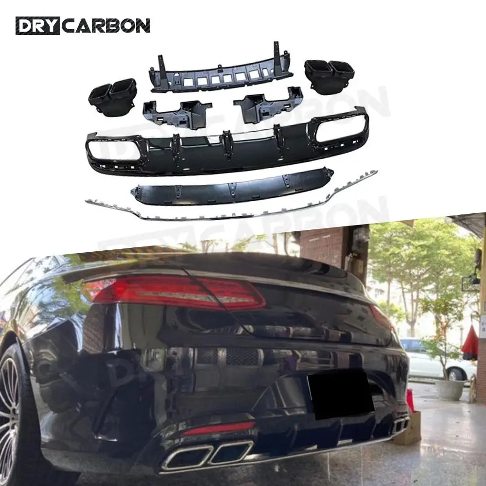 Gloss Black Rear Diffuser with Exhaust Tips for Mercedes Benz S Class C217 S400 S450 S500 S63 AMG Coupe 2 Door 2014-2020