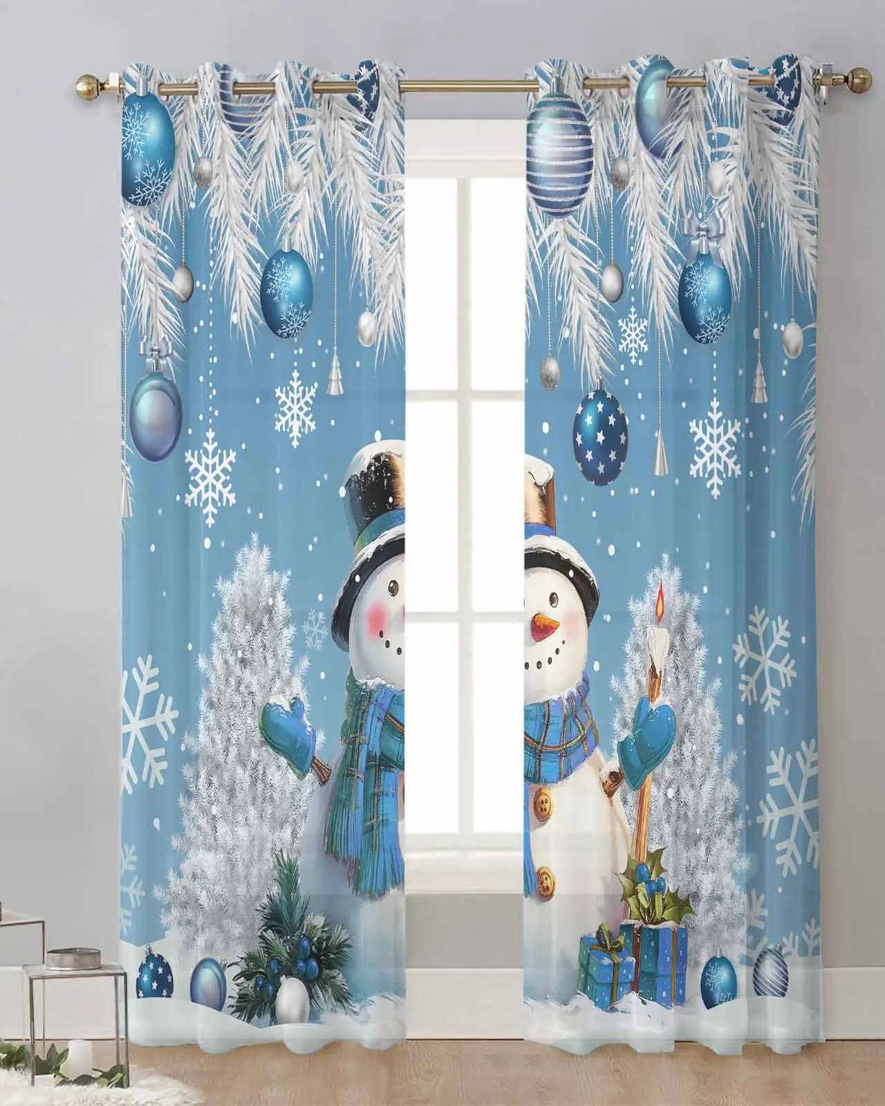 Christmas Snowman Pine Leaves Christmas Ball Bule Sheer Curtains Bedroom Decoration Window Curtains Kitchen Tulle Voile Curtains