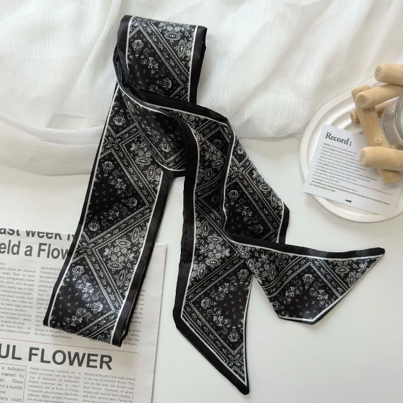 New Satin Belt Black White Double Sided Long Scarf for Women Waist Belt Hair Band Versatile Thin Ribbo Daily Outfit Decoration view 4