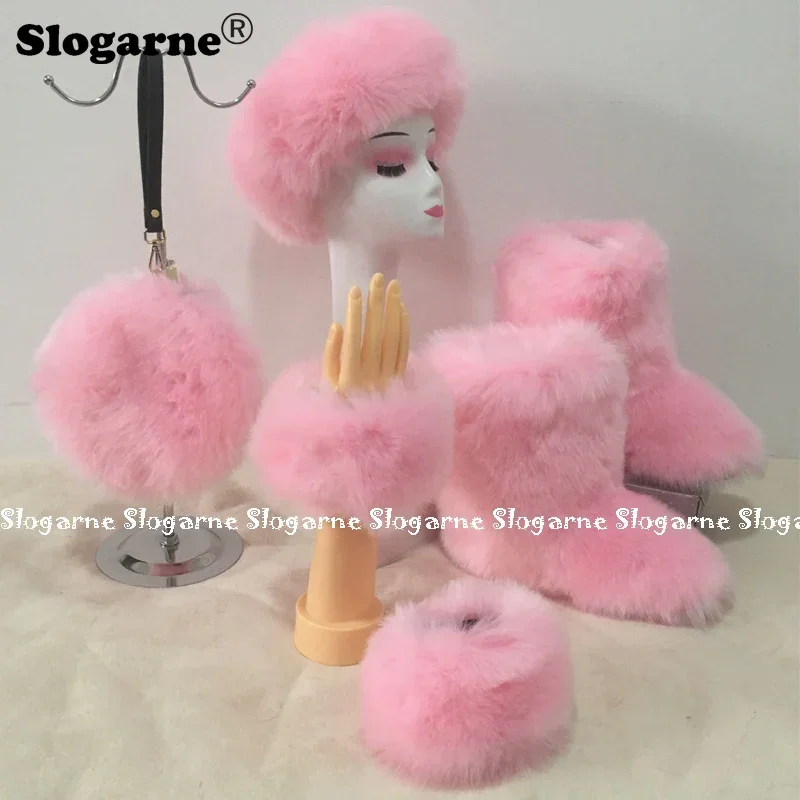 2024 Fashion Fur Sets Women Winter Furry Snow Boots Fur Boots Fur Purse Fur Cap Plush Warm Girl Fluffy Set Hairband Ski Hats Bag