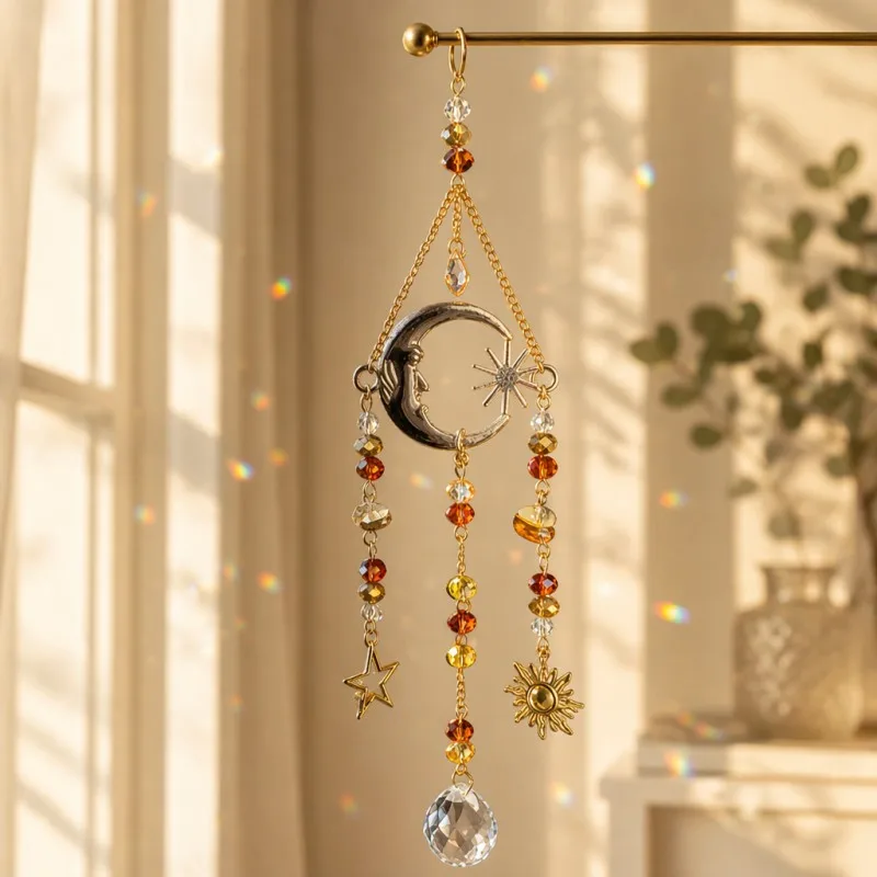 1pc Grandpa Moon Sun Suncatcher,Colorful Wind Chime Sun Catcher with Crystal Prism Pendant Suitable for Indoor or Car Hanging