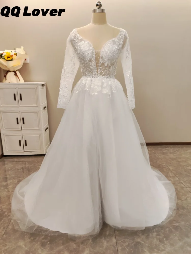 

Индивидуальные блестящие светлые платья цвета шампанского Vestidos De Novia с длинными рукавами и кружевом, современные свадебные платья с аппликацией, Vestido De Noiva