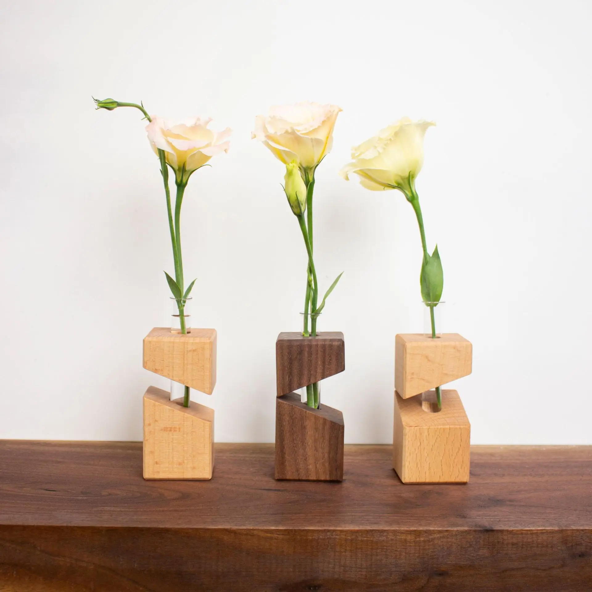 Geometric Wooden Base Glass Test Tube Vase,Creative Single Stem Flower Holder for Modern Home Decor,Easy-clean Flower Holder