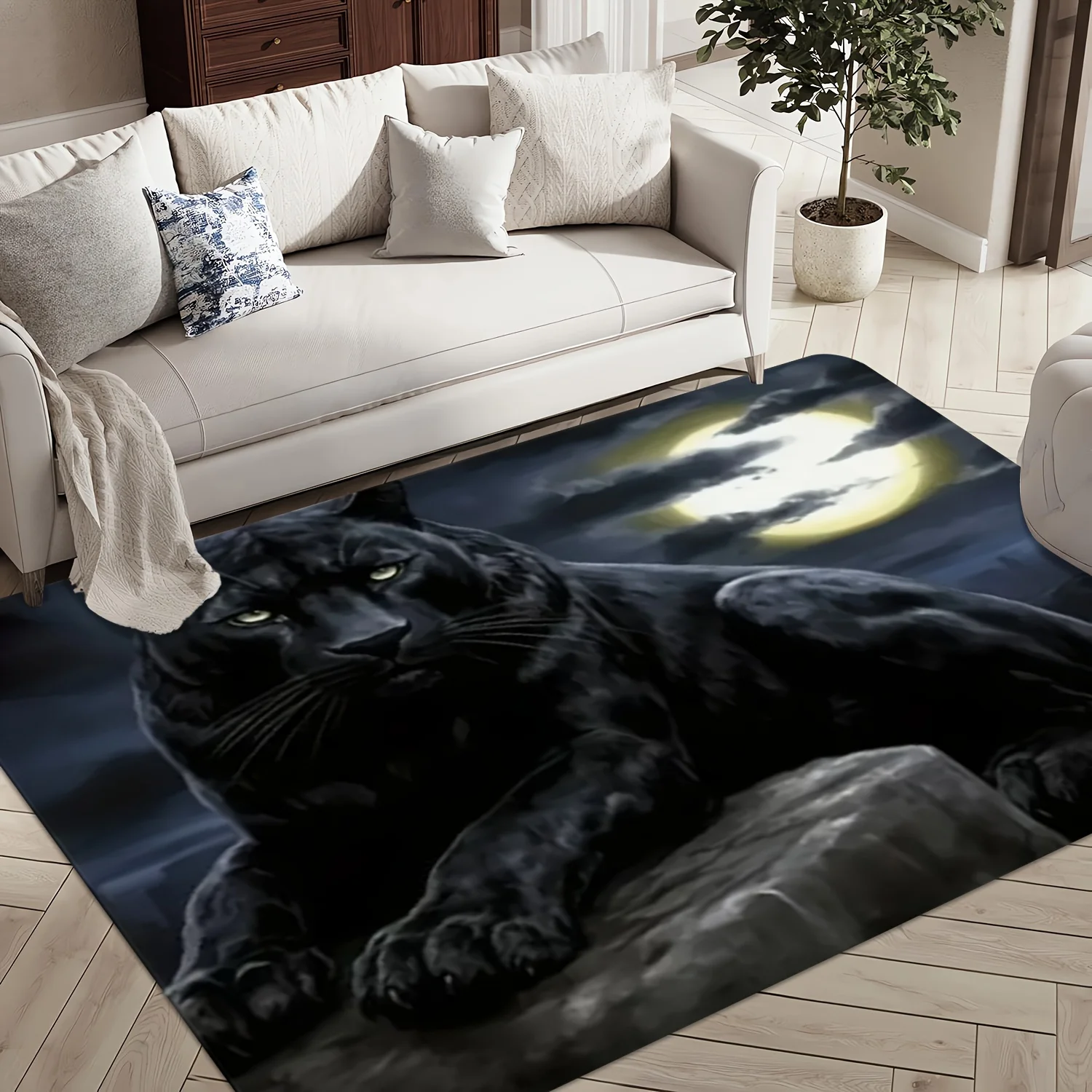 Dramatic Black Cat Moonlit Rug for Living Room Area Mat Modern Home Decor Pet Lover Gift Stylish Indoor Floor Carpet Runner