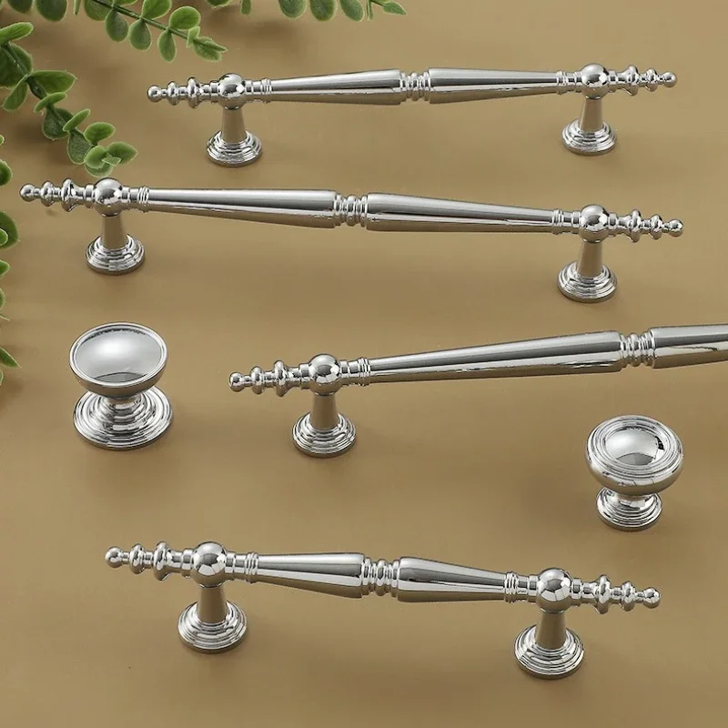 French Brass Chrome Plated Silver Simple Antique SingleHole Drawer Cabinet Door Full Copper Hardware Handle Modern Wardrobe Knob