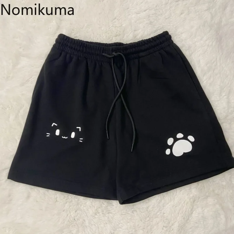 Black Shorts Women Cute Cat Paw Print Casual Fashion New Bottoms Loose Summer Japanese Y2k Shorts Pantalones Cortos De Mujer