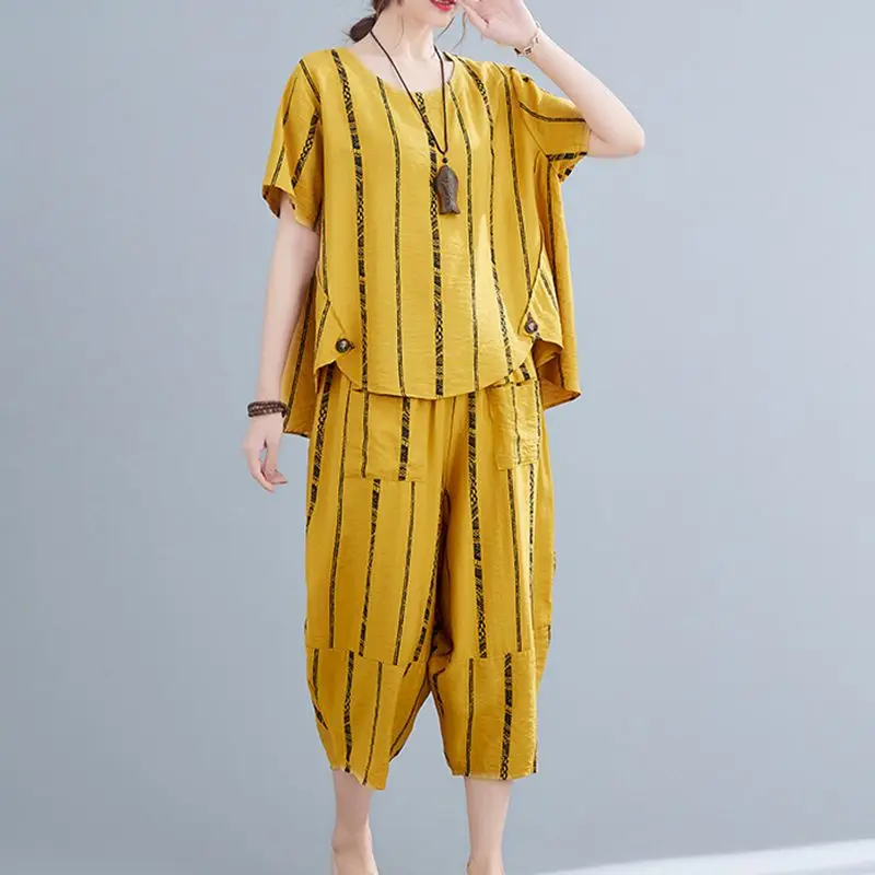 Cotton Linen T Shirts Sets Korean Style Vintage Stripe Loose Oversized T-shirt and Capri Pants Casual 2 Piece Set Summer Trend