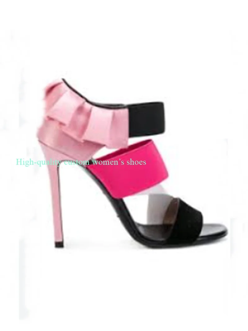 

Round Toe Color-Blocked Wrinkled Lotus Leaves Side Summer Sandals Hollow Out Color Satin Fabric New Model Luxury Women's Shoes