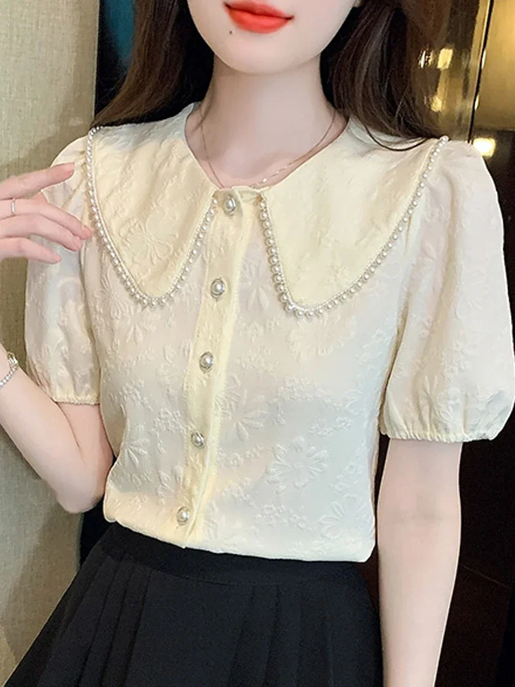 Summer Women Tops Short Sleeve Blouse Women Blusas Mujer De Moda 2024 Verano Beading Doll Collar Chiffon Blouse Shirt Blusa G525