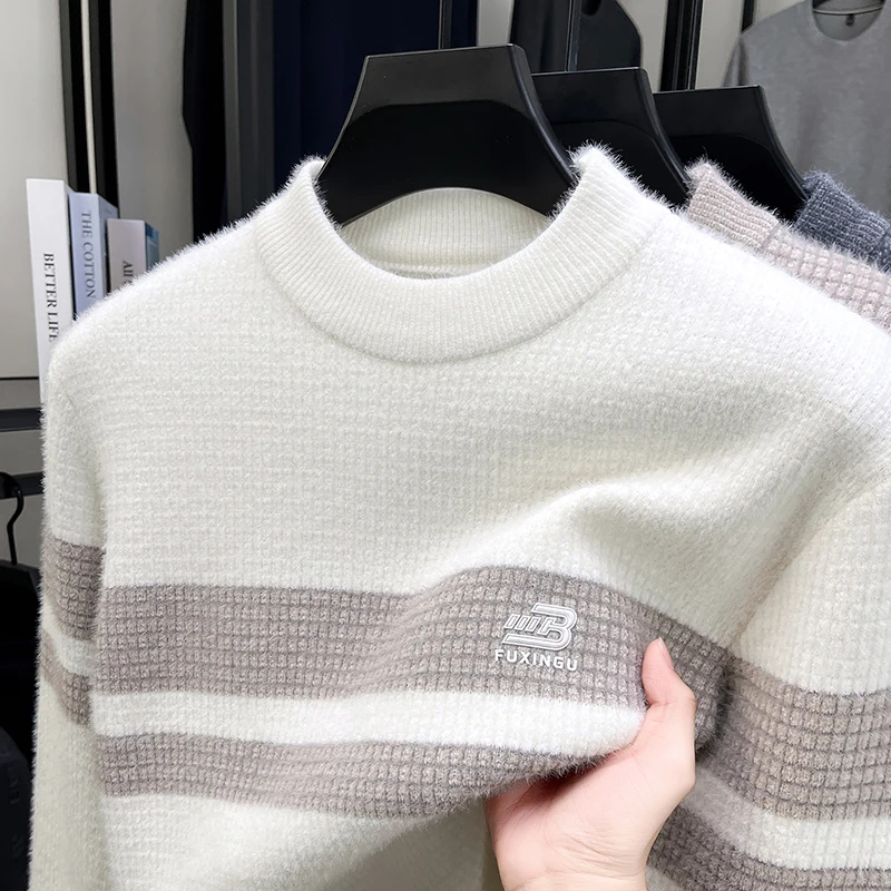 Men's Mink Fur Round Neck Striped Sweater with Thick Fleece for Warmth, Knitted Sweater for Winter Base
