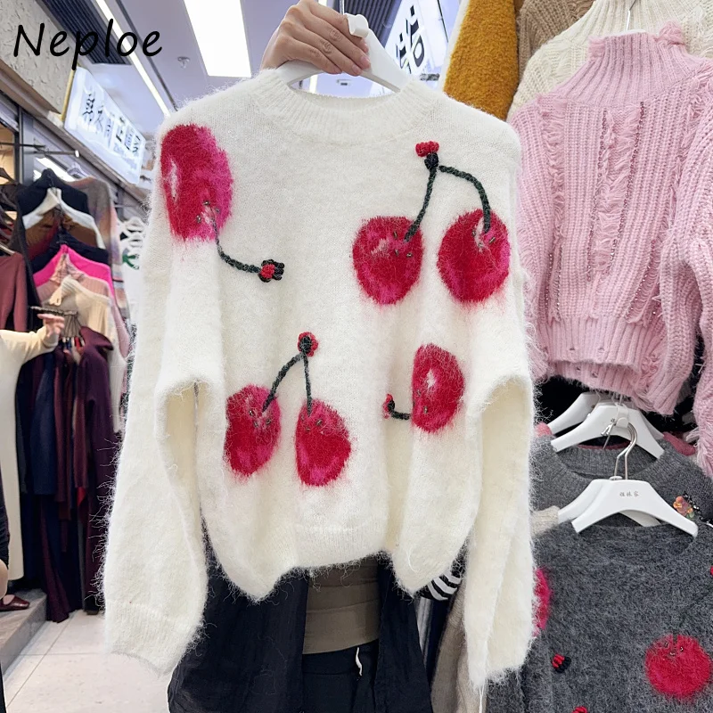 Neploe Sweet Cherry Embroidered O-Neck Knitted Pullovers 2024 Autumn Winter Korean Loose Slim Color Blocked Nail Bead Sweater