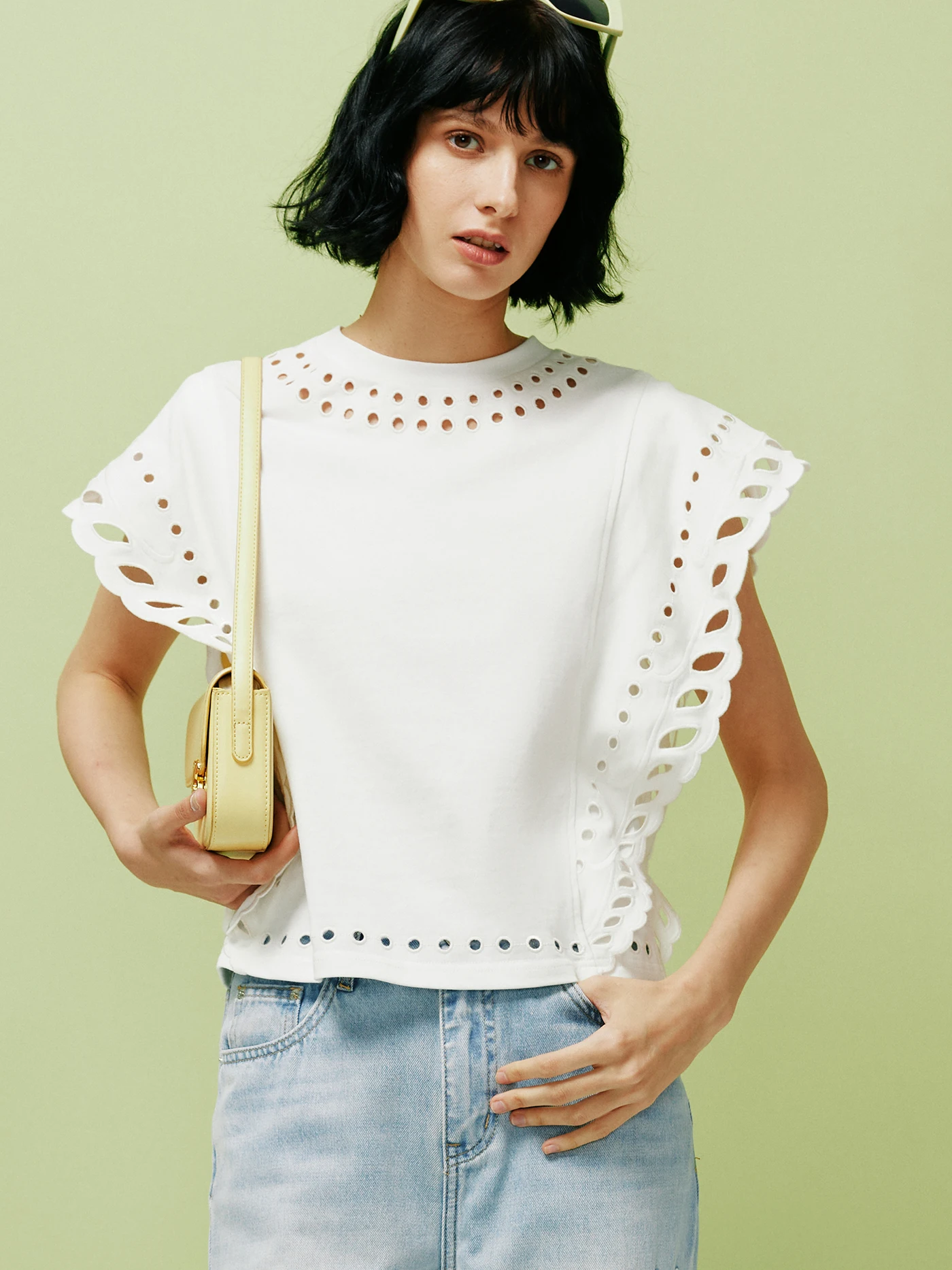 Heavy Embroidery Short T-Shirt 100 Grams Cotton Hollow out Wide Shoulder Style Casual Loose Fit round Neck Short Sleeve Top