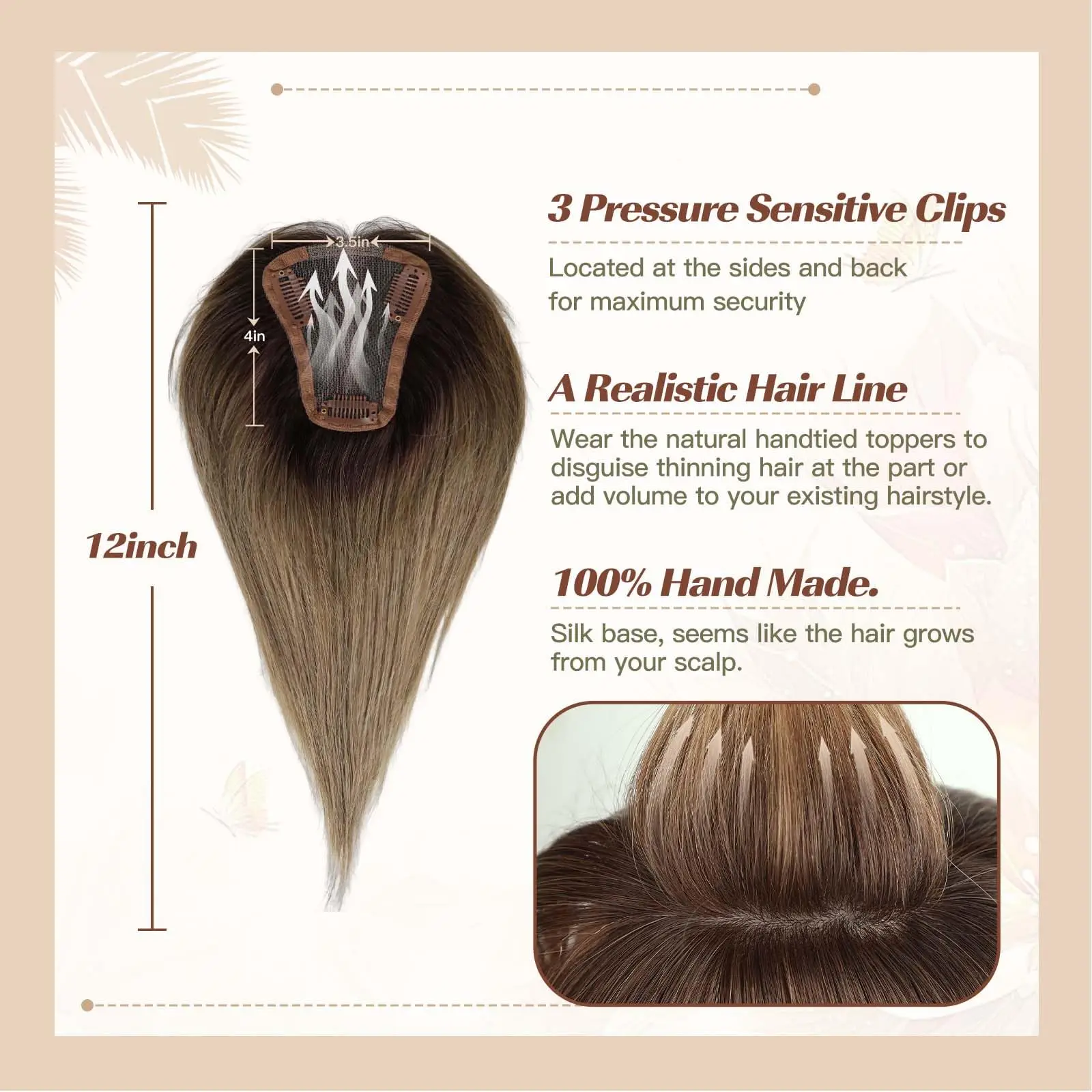 Ombre Ash Blonde 100% Remy Human Hair Toppers Silk Base Clip Pieces Hairs Topper in Hair Extension for Women Hair Loss 12inch