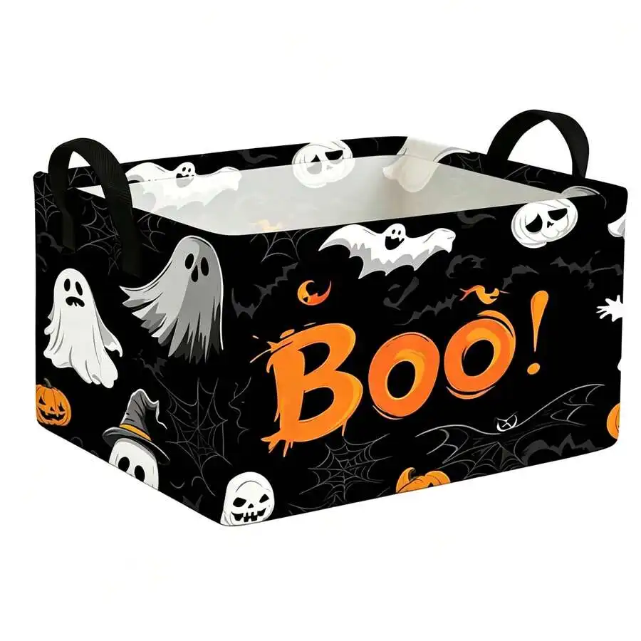 1PC Christmas/Halloween Storage Basket With 'Boo' Letters, Ghosts, Black Cats, Spiders, Bats, Candy, Santa Claus, And Gift Patte