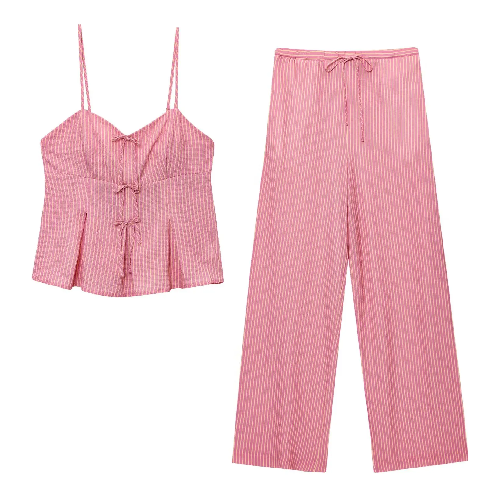 

MYST&ZA2025 Summer New Women's Casual Fashion Bow Striped Strap Top with Bareback and Drawstring Strap Pants