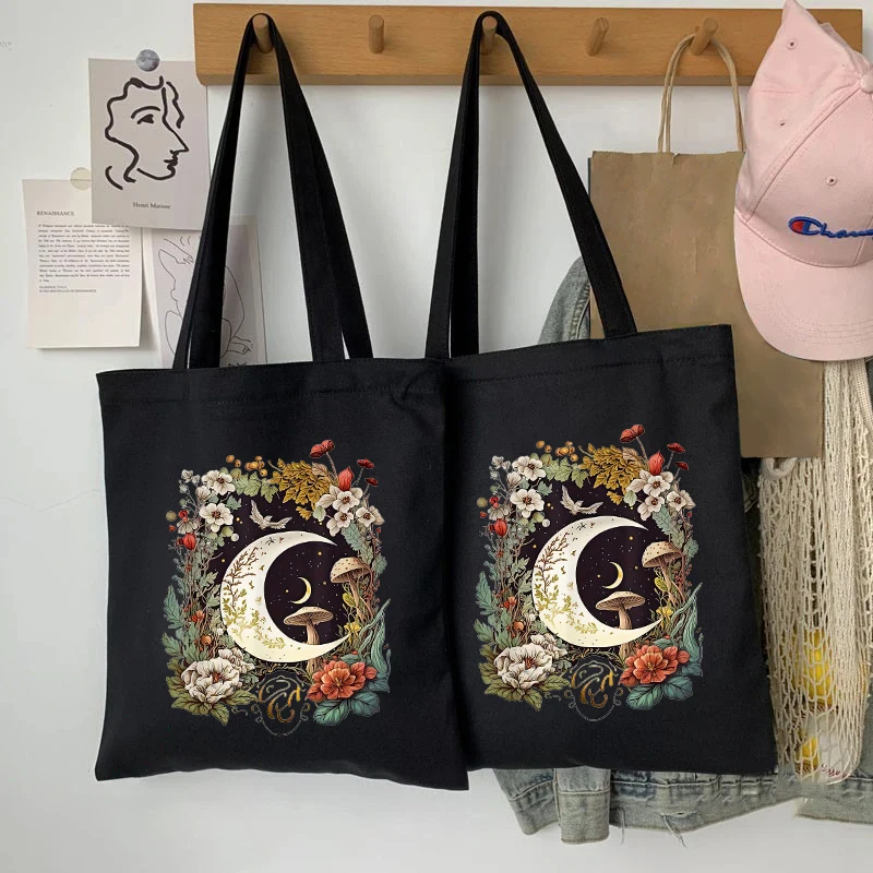Magic Moon Flower Star Print Tote Bag Organizer Large Capacity Travel Black Handbag New Eco Friendly Reusable Shopping Bags Gift