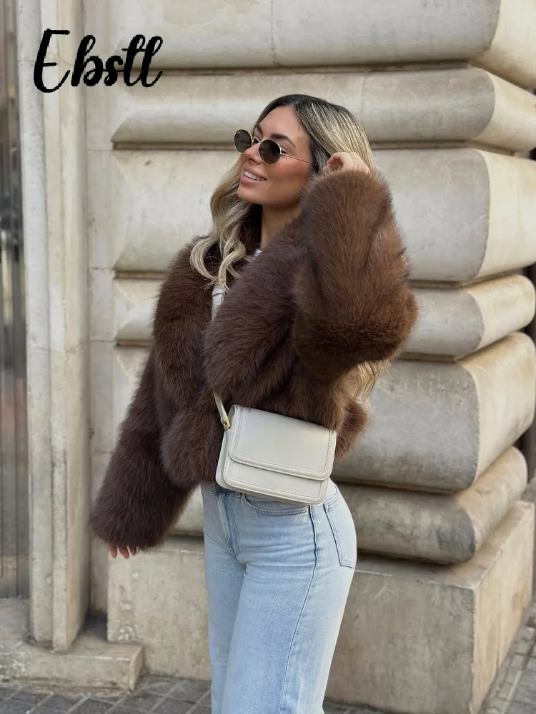 الصلبة البني رقيق الفراء معاطف النساء Vintage التلبيب كم طويل رشاقته الدافئة سترة 2025 الخريف الشتاء جديد الإناث شيك فضفاض أبلى