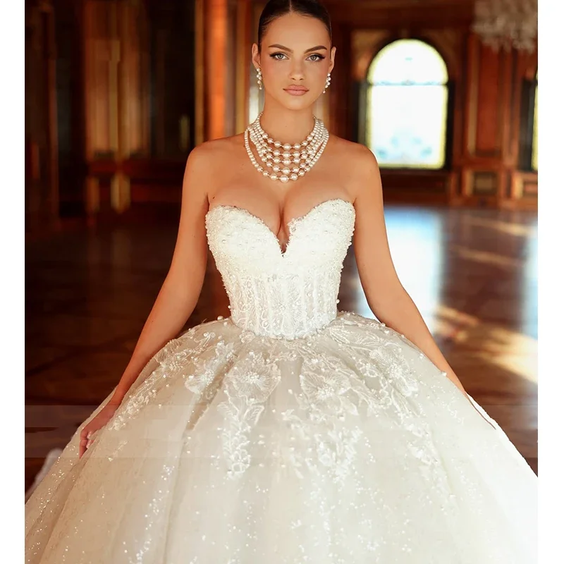 Flavinke Aangepaste Trouwjurken Kralen Organza Borduursel Baljurk Prinses Strapless Mouwloze Bruidsjurken Lace Up