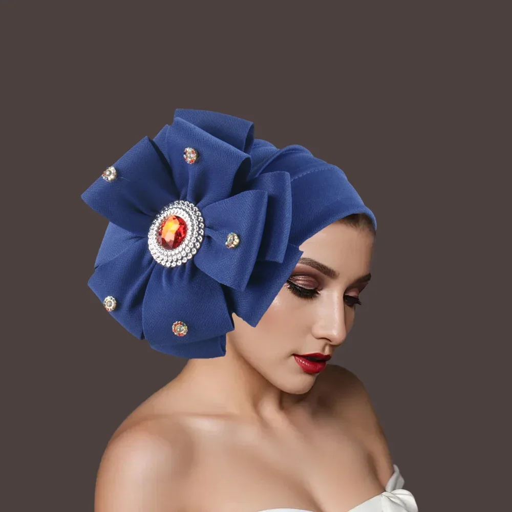 

Кепка-тюрбан с большим цветком и бриллиантами для африканских женщин, головные уборы Auto Gele, повязки на голову, платок, мусульманский хиджаб, свадебные шапки Mujer