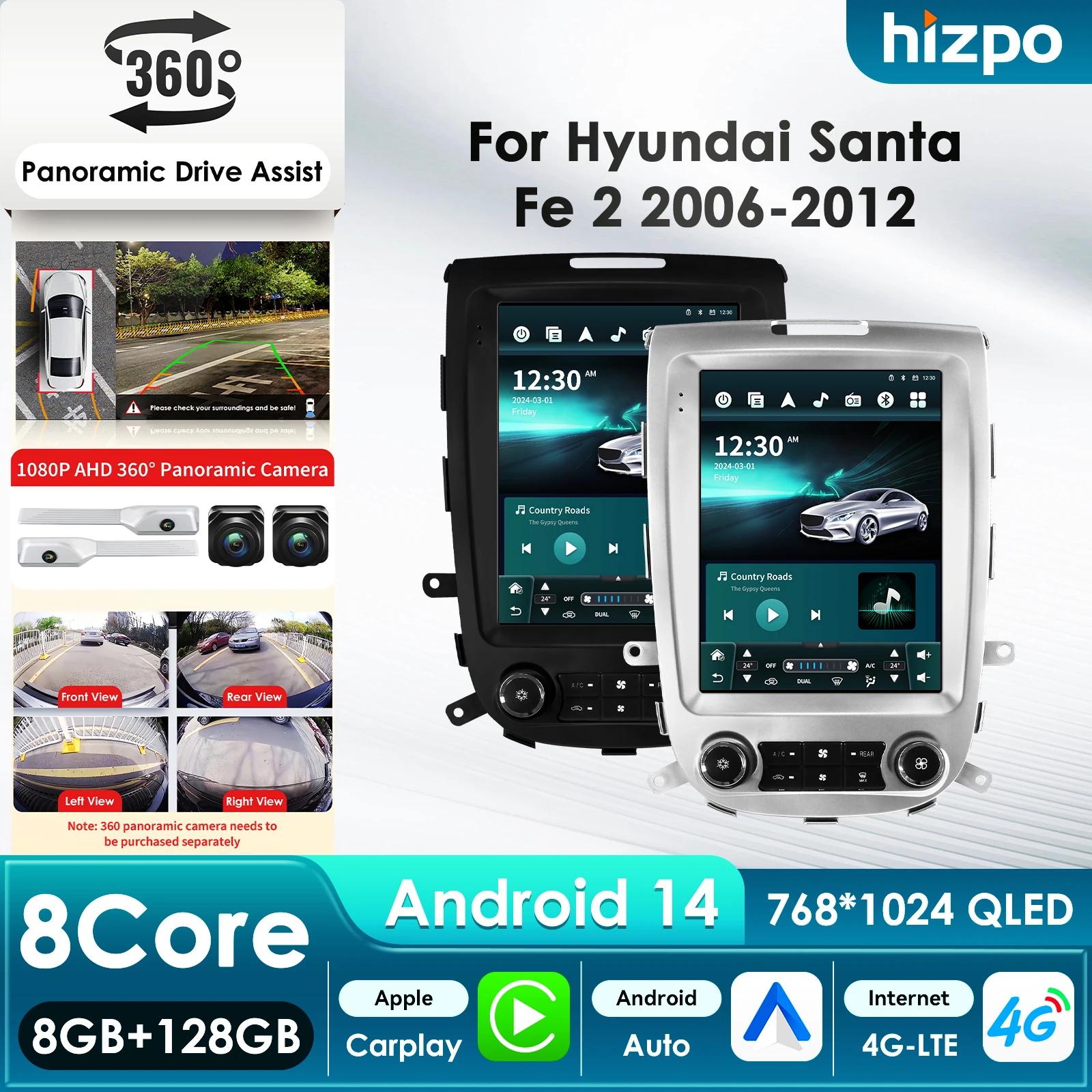 9,7'' 7862 8-core 360 ° Draadloze CarPlay Android autoradio voor Hyundai Santa Fe 2 2006-2012 GPS Multimedia Stereo Head Unit - afbeelding 2