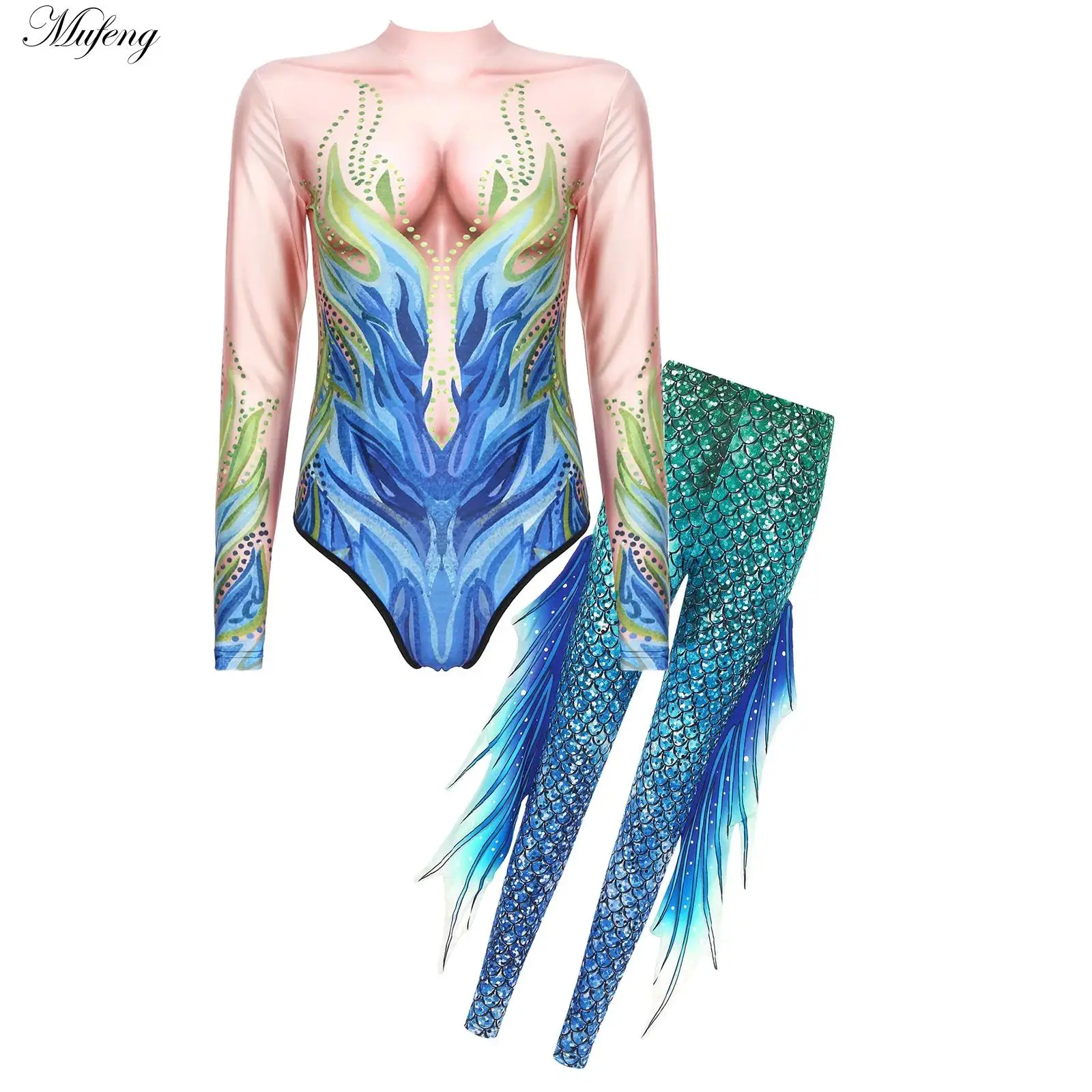 

Women Mermaid Cosplay Costume Fish Scale Print Slimming Jumpsuit Zipper Body Rompers Tights Suit Roleplay Party Bodysuit Swimsut