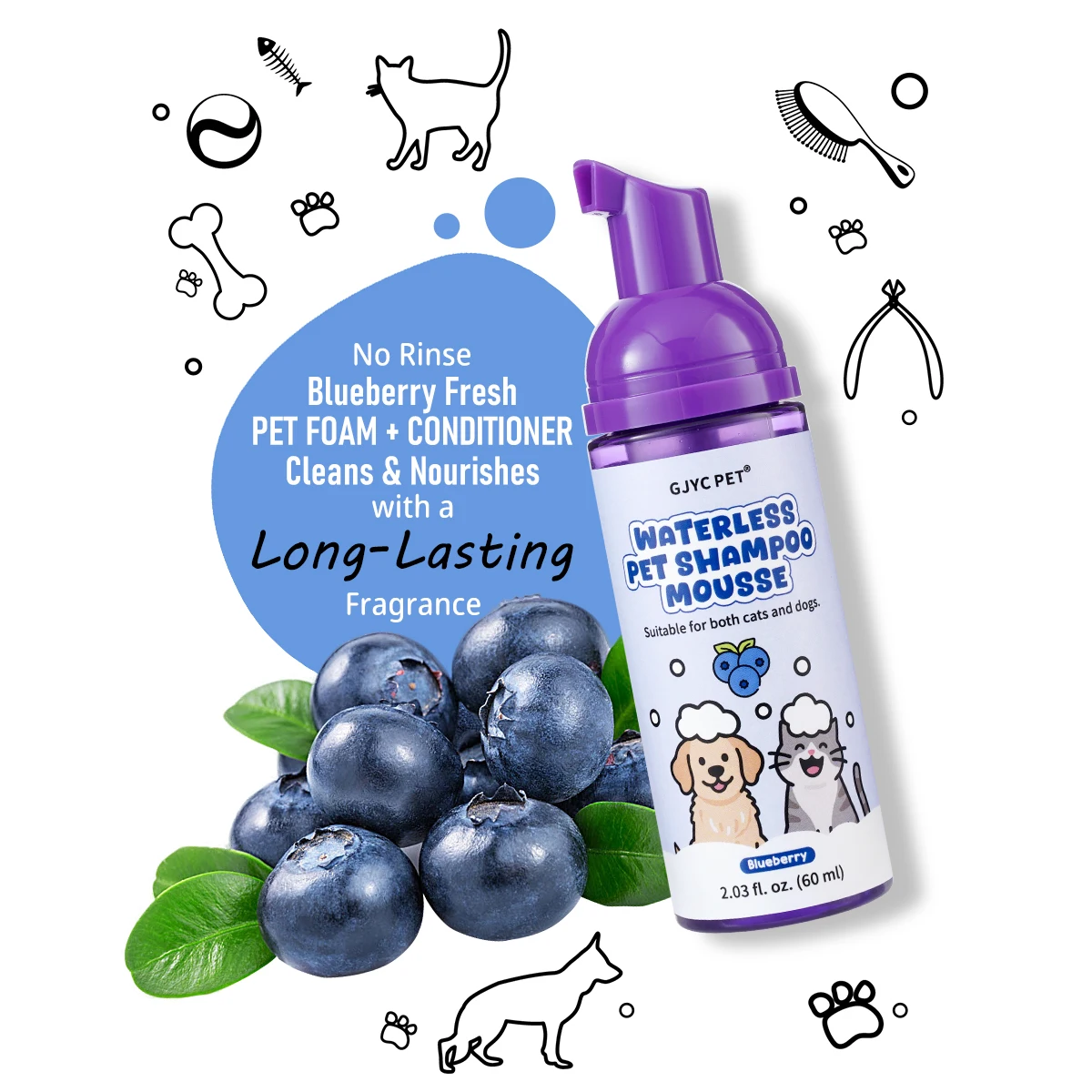 Pet Grooming Natural Gentle Dry Shampoo Mousse Blueberry Scent No Rinse Deodorizing Long-Lasting Fragrance Silky Coat Safe