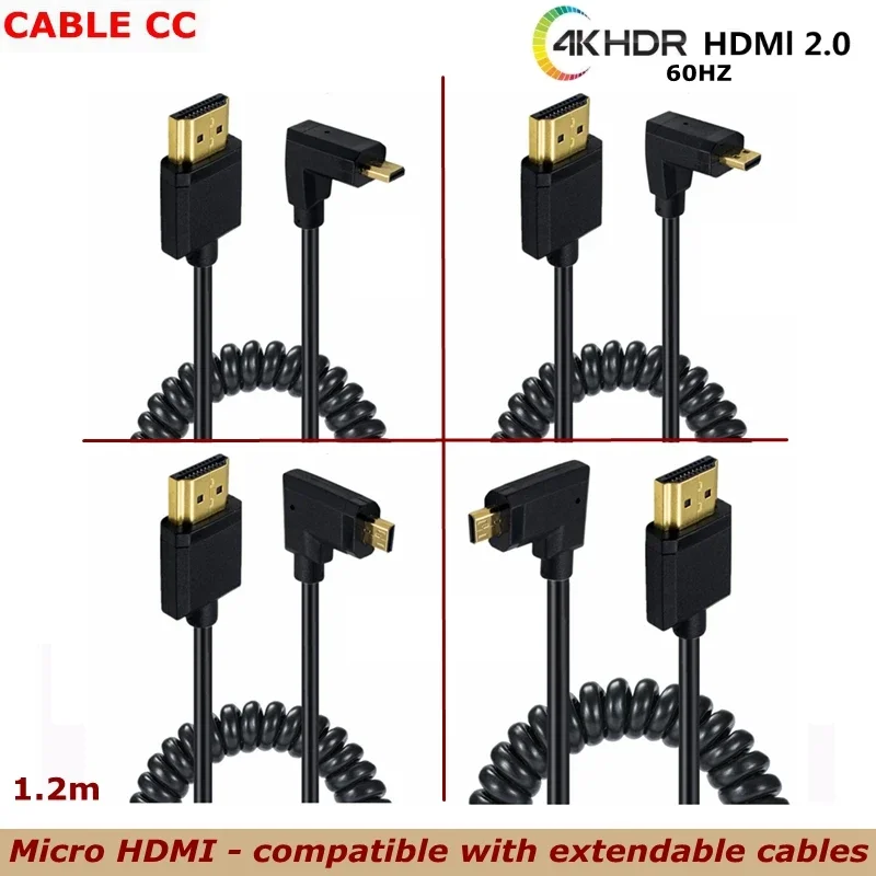 1.2m 4K*2K @ 60HZ OD 3.2mm Micro HDMI-compatible to HDMI Spiral Cable to 90 Degree Micro HDMI Extension Spring HD Cable
