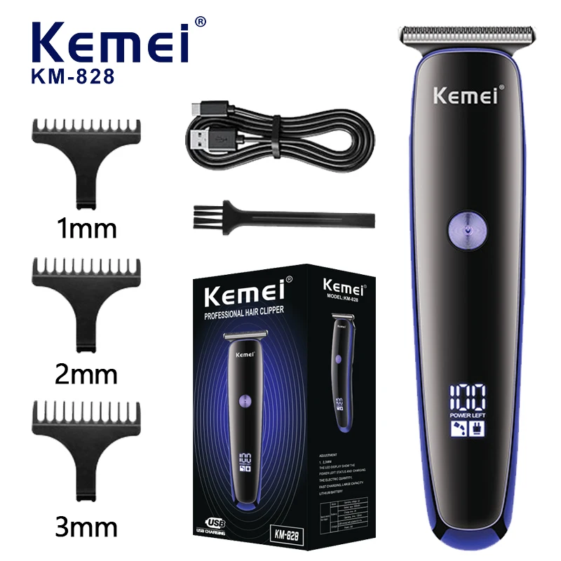 Kemei professional hair clipper KM-828 high-power electric hair clipper oil head push clipper LED digital display USB charging