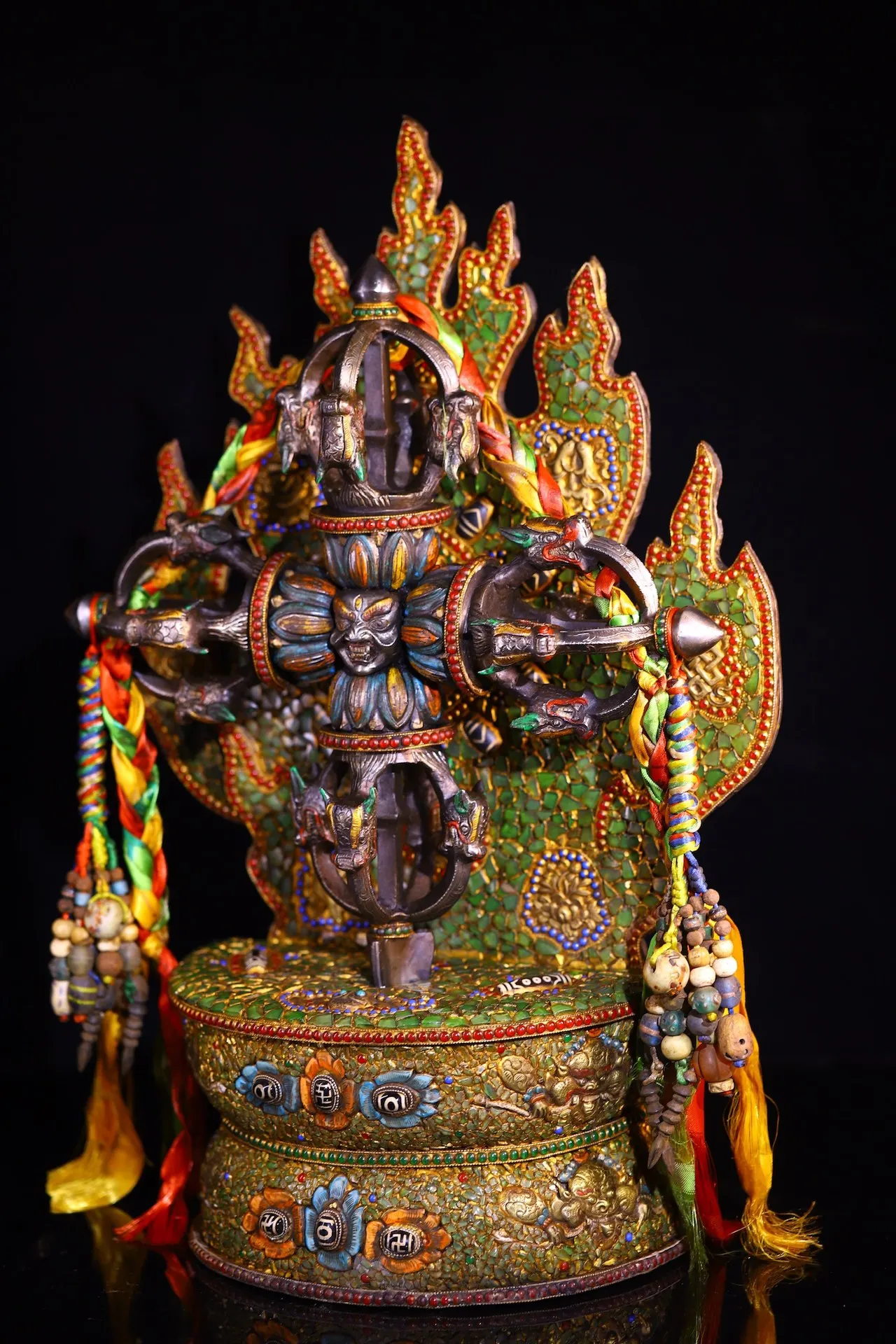 

22"Tibetan Temple Collection Old Tiantie Painted Mosaic Gem gZi Beads Shell Mahakala Cross Vajra Backlit Buddha Platform Amulet