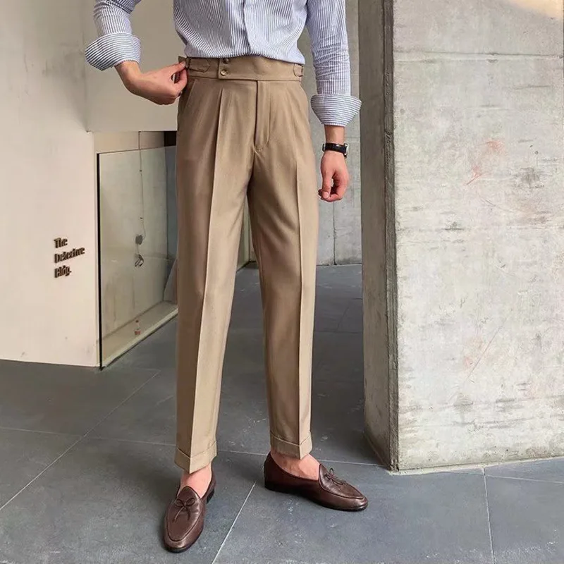 British High Waist Straight Pants Men Social Trousers Pant Italian Mens Formal Pant Pantalones Hombre 2023 Dress Ankle Pants Men