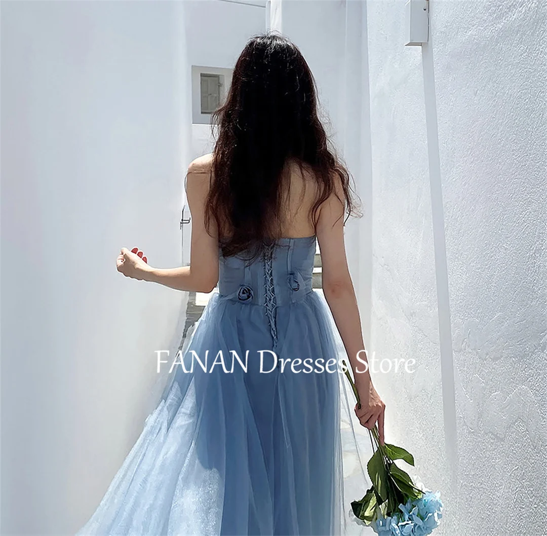 FANAN Blue Evening Party Dresses Fashion Strapless Sleeveless Korea Simple Flowers Wedding Women Formal Gowns Event Prom Gowns