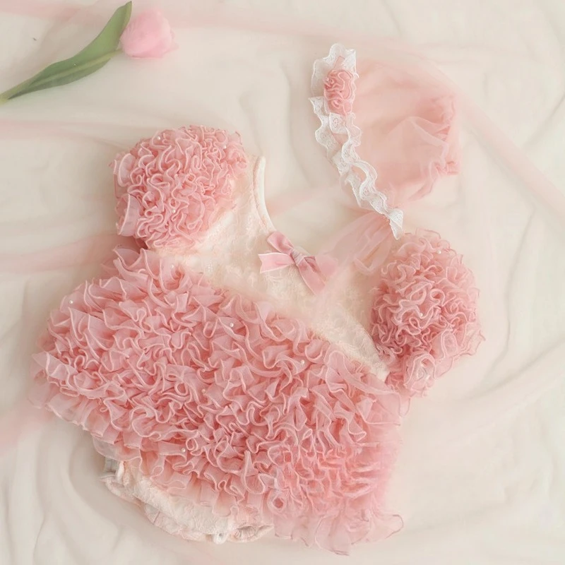 

Newborn Photography Clothing Pink Ruffles Dress with Hat 2pcs Clothes for Baby Girls Studio Photoshoot Photo Props Accessories