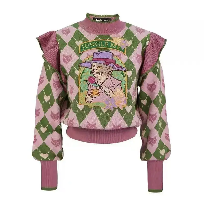 

2025 Autumn New Cartoon Embroidered Knitted Sweater Women Elegant Stylish Vintage Chic Knit Pullover Tops Long Sleeve Jumpers