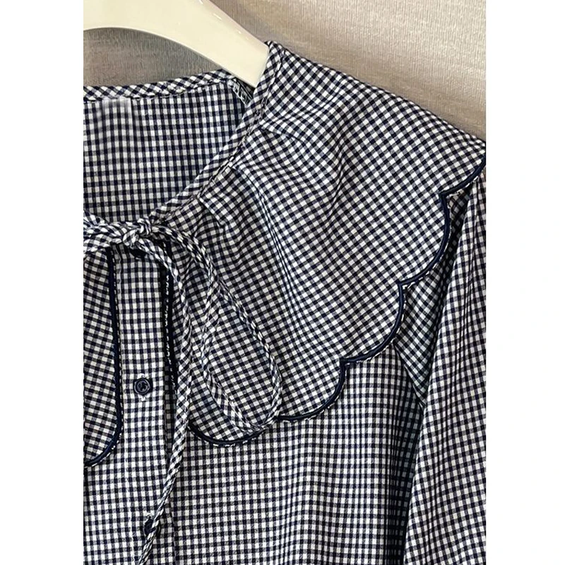Moda damska Vintage Plaid Ruffles Lace Up Shirt Sweet Chic O Neck Bluzka z długim rękawem Wiosna Jesień Casual Loose Tops Blusas