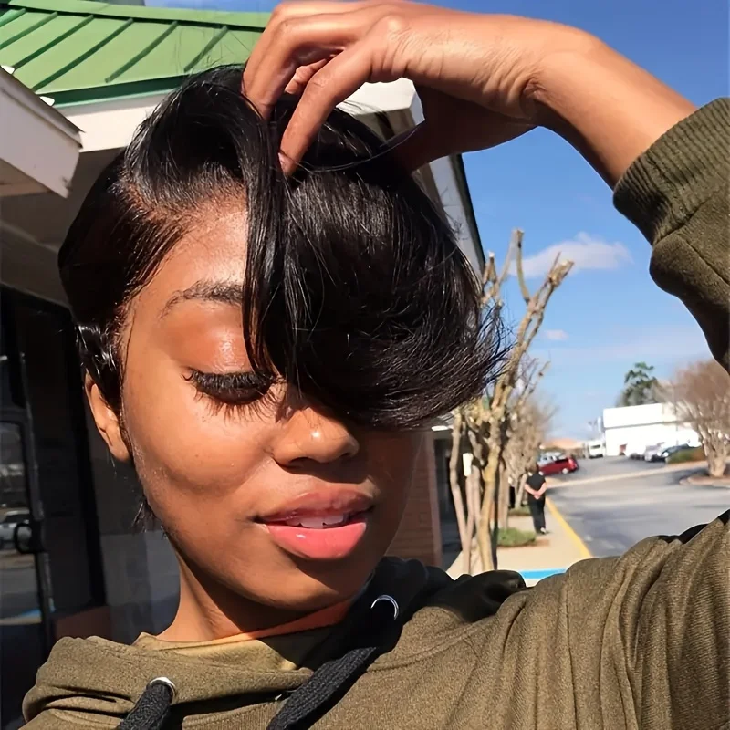 

short curly pixie cut human hair wig 13×1 T part lace human hair 150% density pixie remy hair 6inch 1b30/427/natural black color