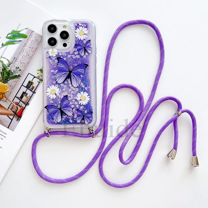 Treibsand-Blumen-Hülle für iPhone 17, 16, 14, 15, 13, 11, Pro Max 12, Mini X Plus 16E, transparenter Riemen, flüssiger Glitzer, Umhängeband-Abdeckung – Detail 11