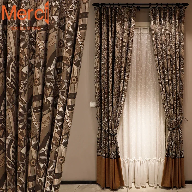 

New American Retro Brown Geometric Curtains New Chinese Style Blackout Curtains for Living Dining Room Bedroom Customization