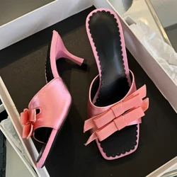 Satin Slipper Pumps Women Open-toe Slingback Sandals Female Summer New Square-toe Flip Flops Simple Fashion Brand High Heels