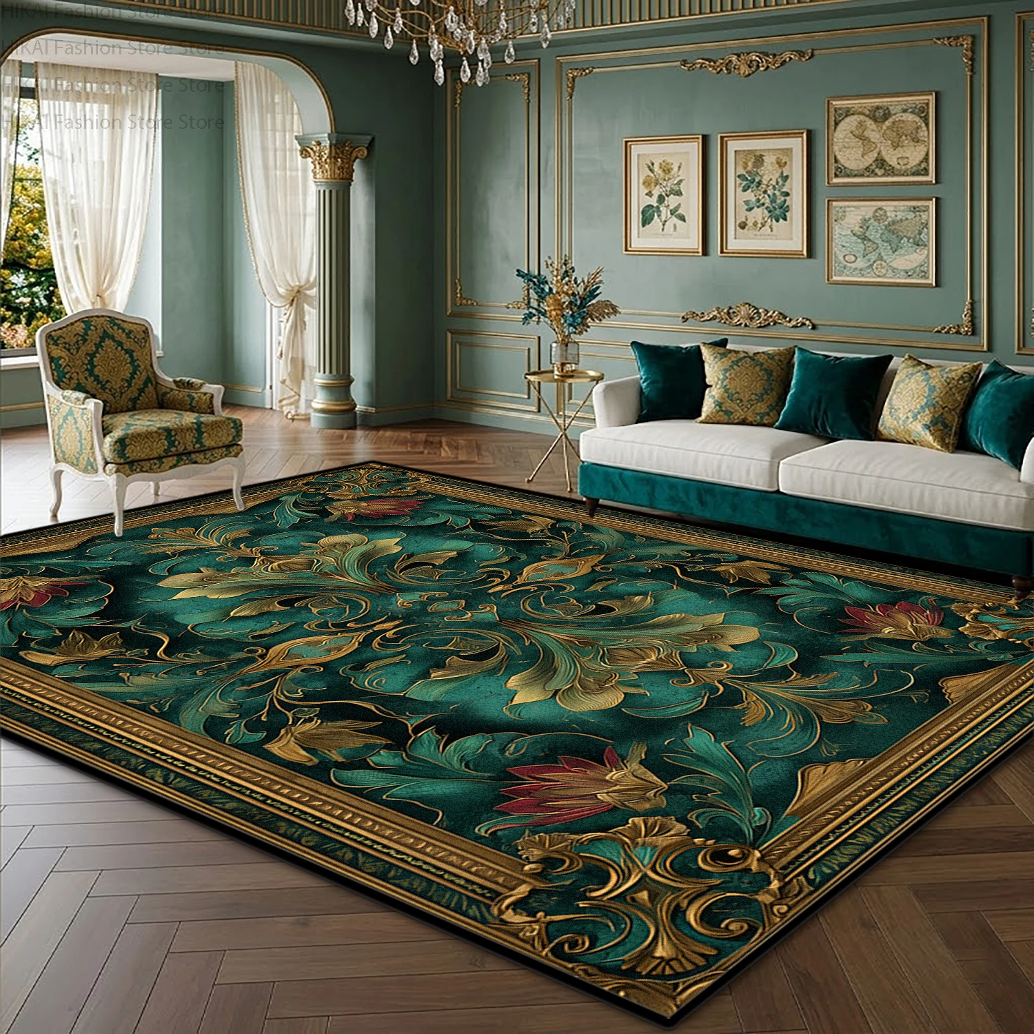 French Green Vintage Rococo Living Room Carpet Large Area Easy Clean Short Velvet Floor Mats Home Decoration Luxury Antiskid Rug
