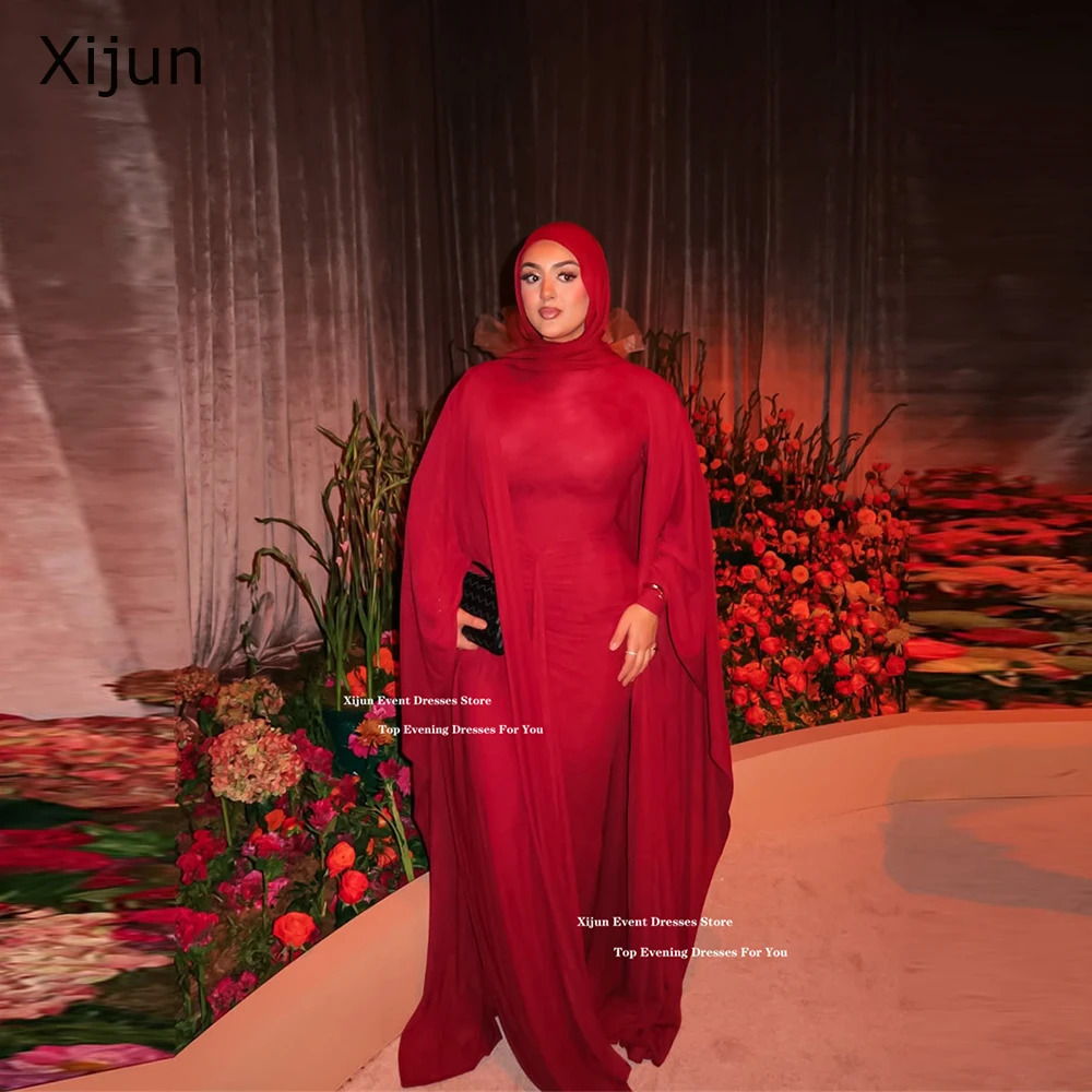 

Xijun Red Modest Silk Satin Evening Dresses Cape Sleeves Mermaid Muslim Prom Dresses Formal Occasion Prom Gowns 2026 Customized