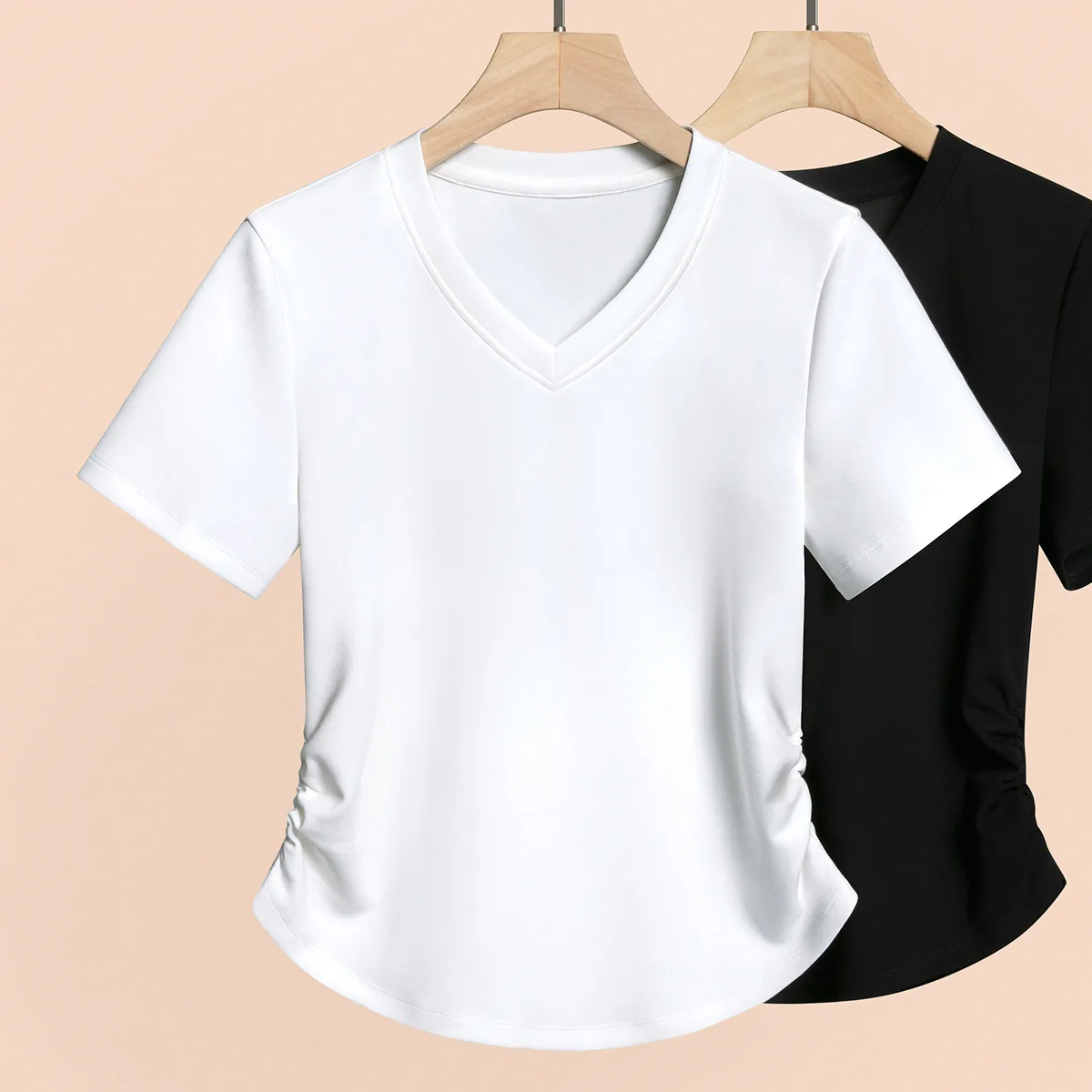 

2025 Summer Women's V-Neck Slim Fit Plus Size T-Shirt Casual Short Sleeve Breathable Basic Tee Versatile Tummy Control Tops