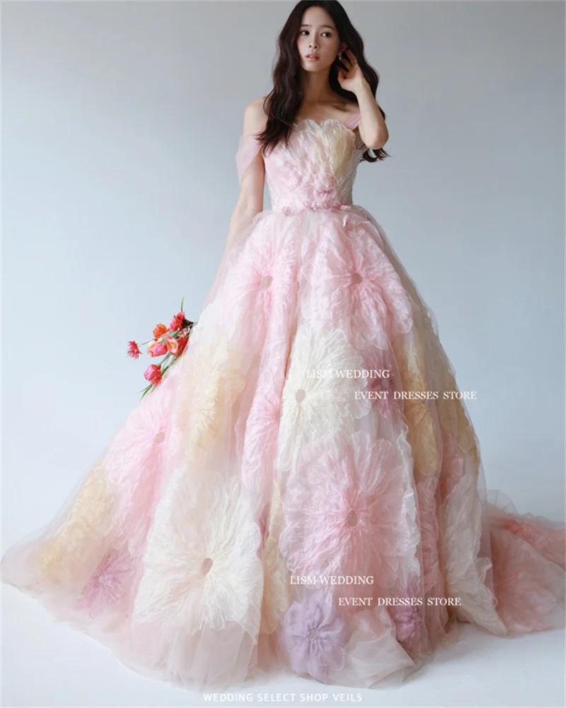 LISM Fairy Flowers Tulle A-Line Evening Dresses Korea Photo Shoot Off The Shoulder Wedding Prom Gowns Corset Back Formal Dress